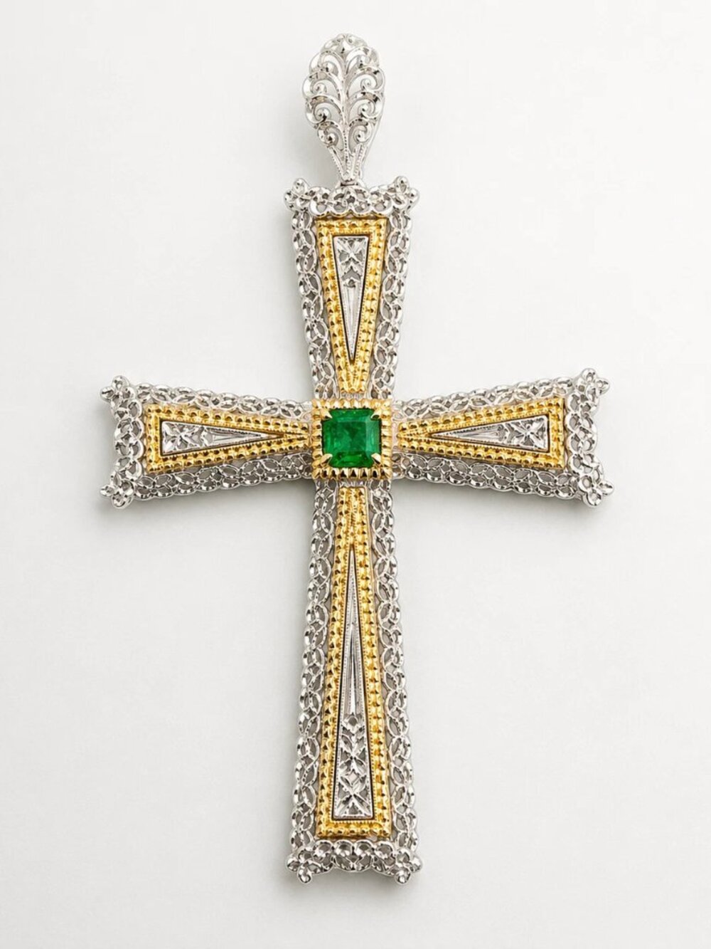 Vintage 18K Two-Tone Gold Natural Emerald Filigree Cross Pendant Italy Large